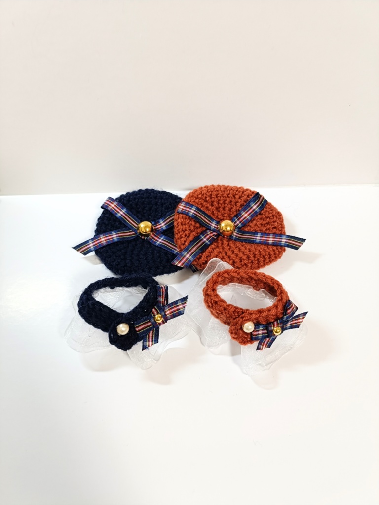 10cmぬい服 チェックリボンケープ&ベレーセット(ネイビー系)