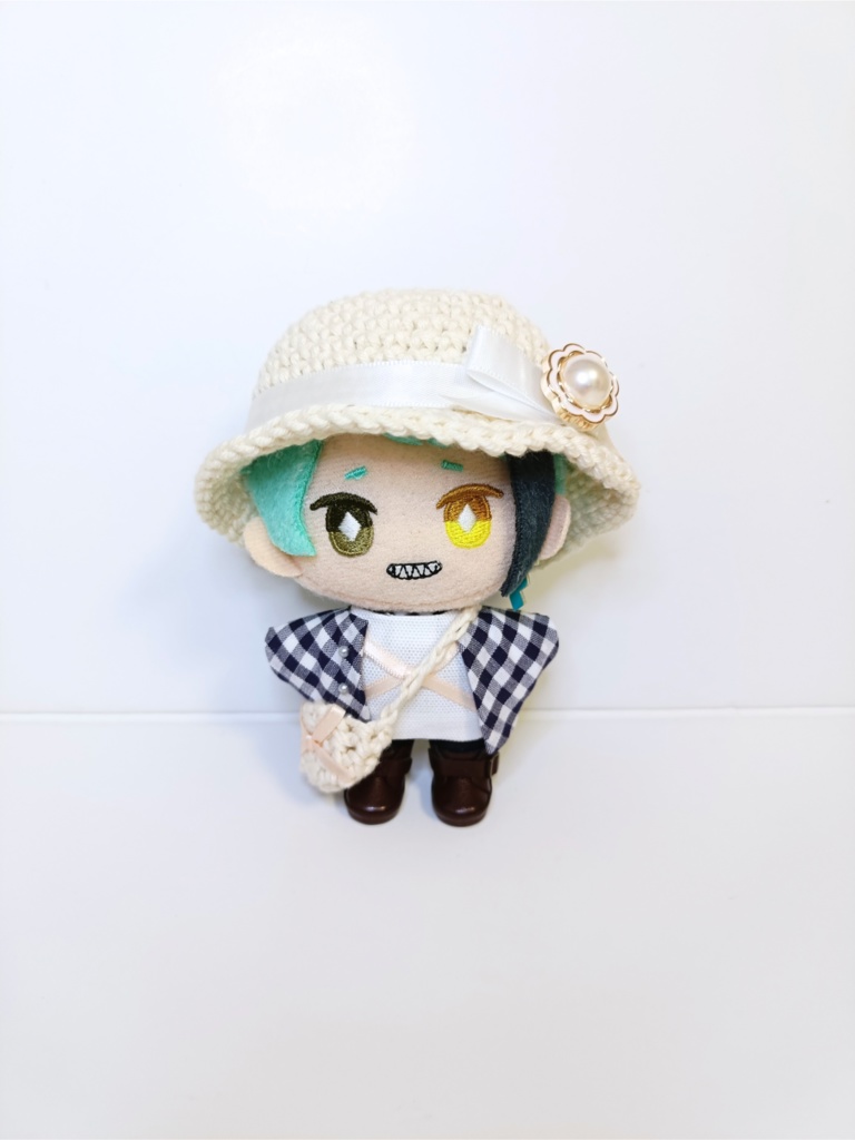 ぬい服10cm ギンガムジャケットセット(ハット&トップス&ジャケット&バッグ)