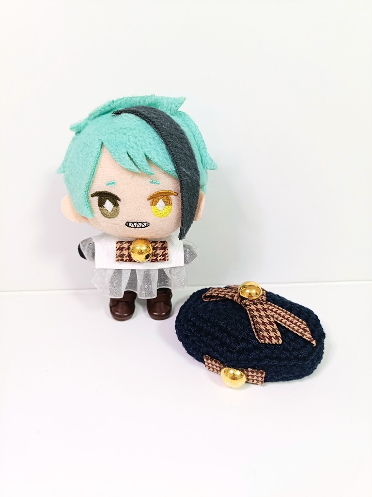 ぬい服10cm 千鳥リボンセット(ベレー&フリルブラウス)