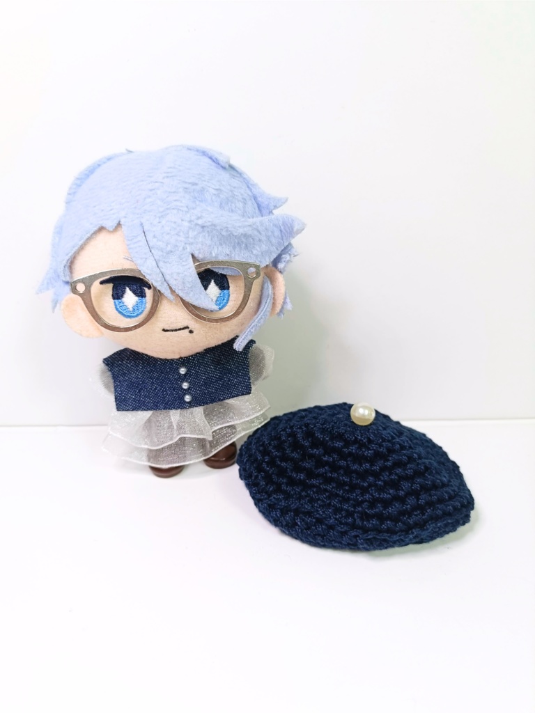 ぬい服10cm シンプルデニムセット(ベレー&フリルブラウス)