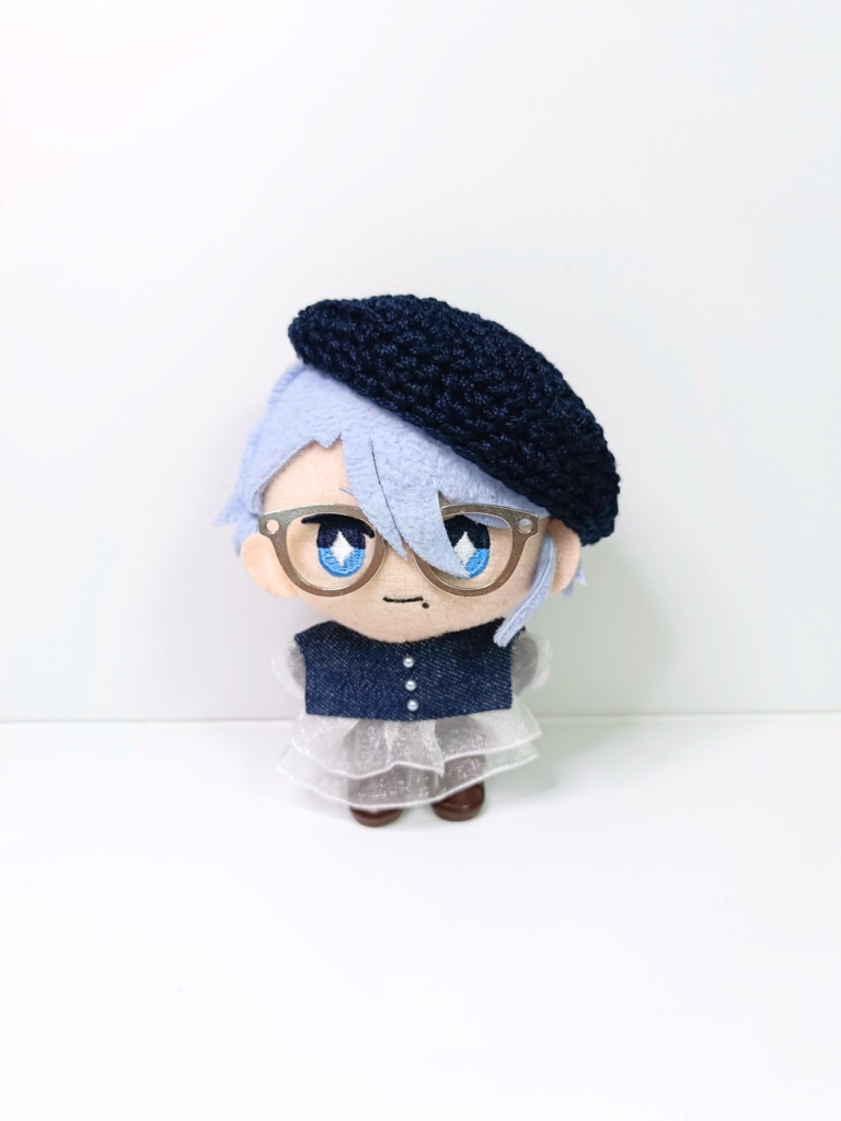 ぬい服10cm シンプルデニムセット(ベレー&フリルブラウス)