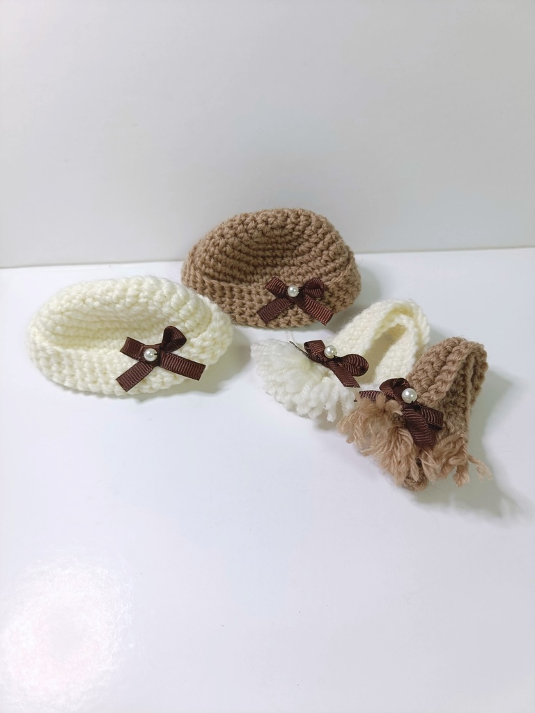 10cmぬい服 ミニリボンニット帽&マフラーセット -dark brown-