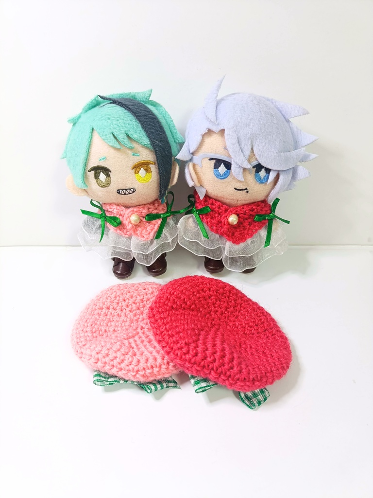 10cmぬい服 ストロベリーケープ&ベレーセットーグリーンギンガムー