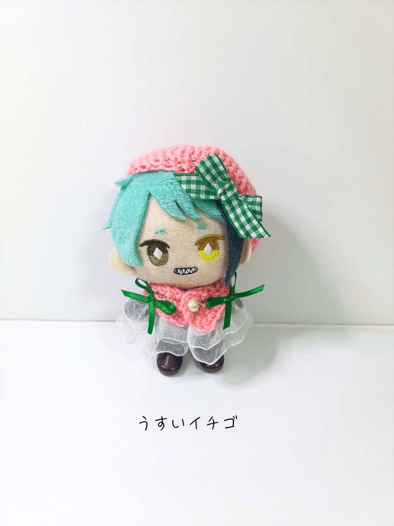 10cmぬい服 ストロベリーケープ&ベレーセットーグリーンギンガムー