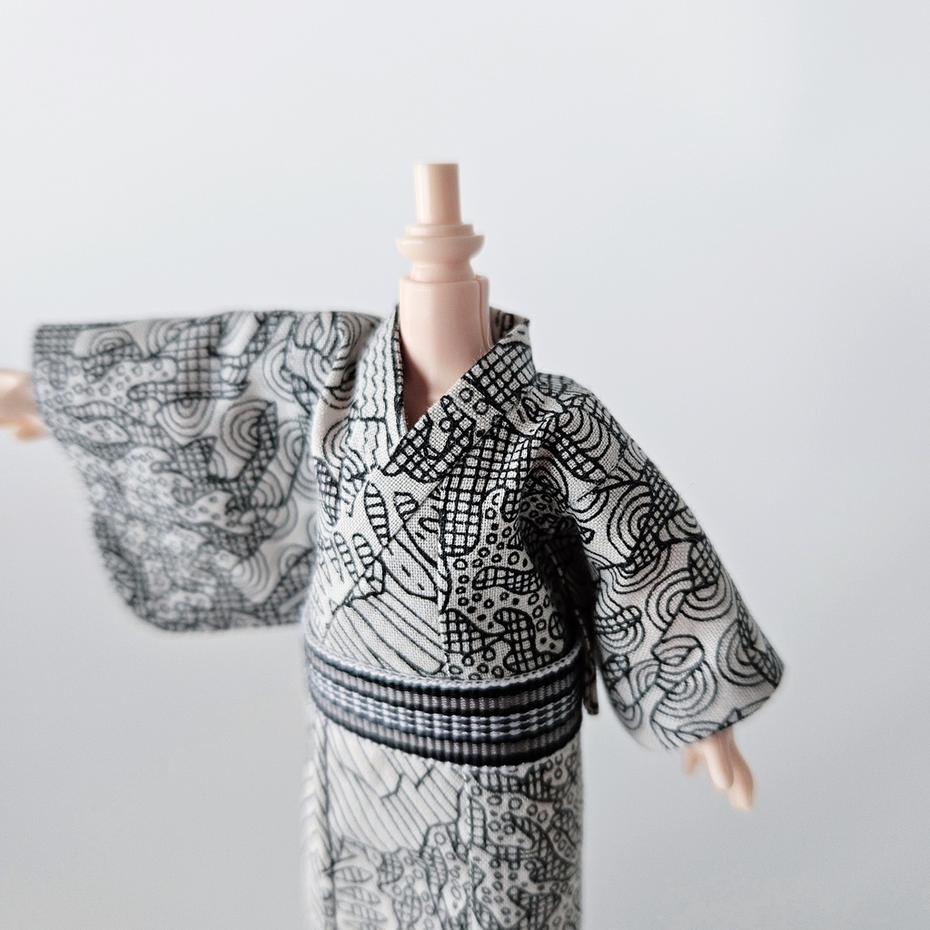オビツ11着用可👘モダン浴衣・第1弾🐠白黒珊瑚×縞帯