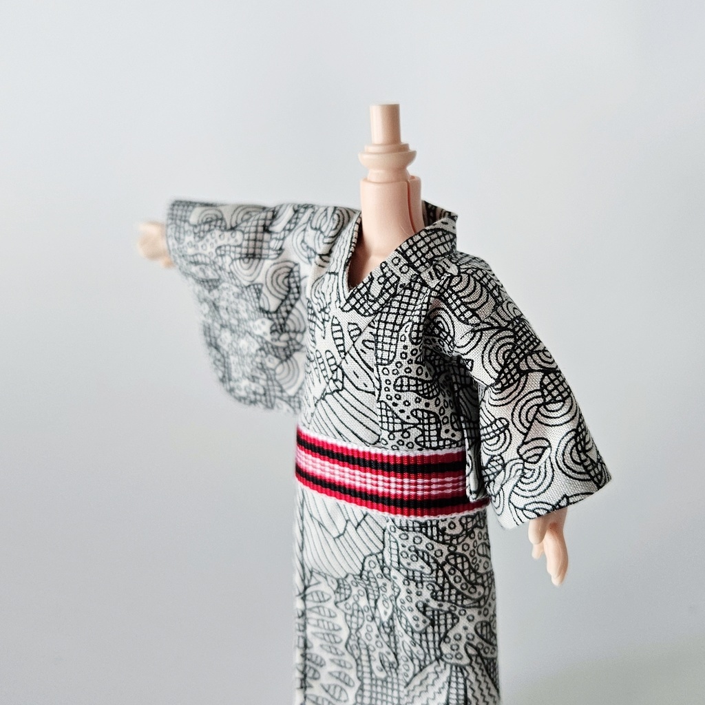 オビツ11着用可👘モダン浴衣・第1弾🐠白黒珊瑚×縞帯