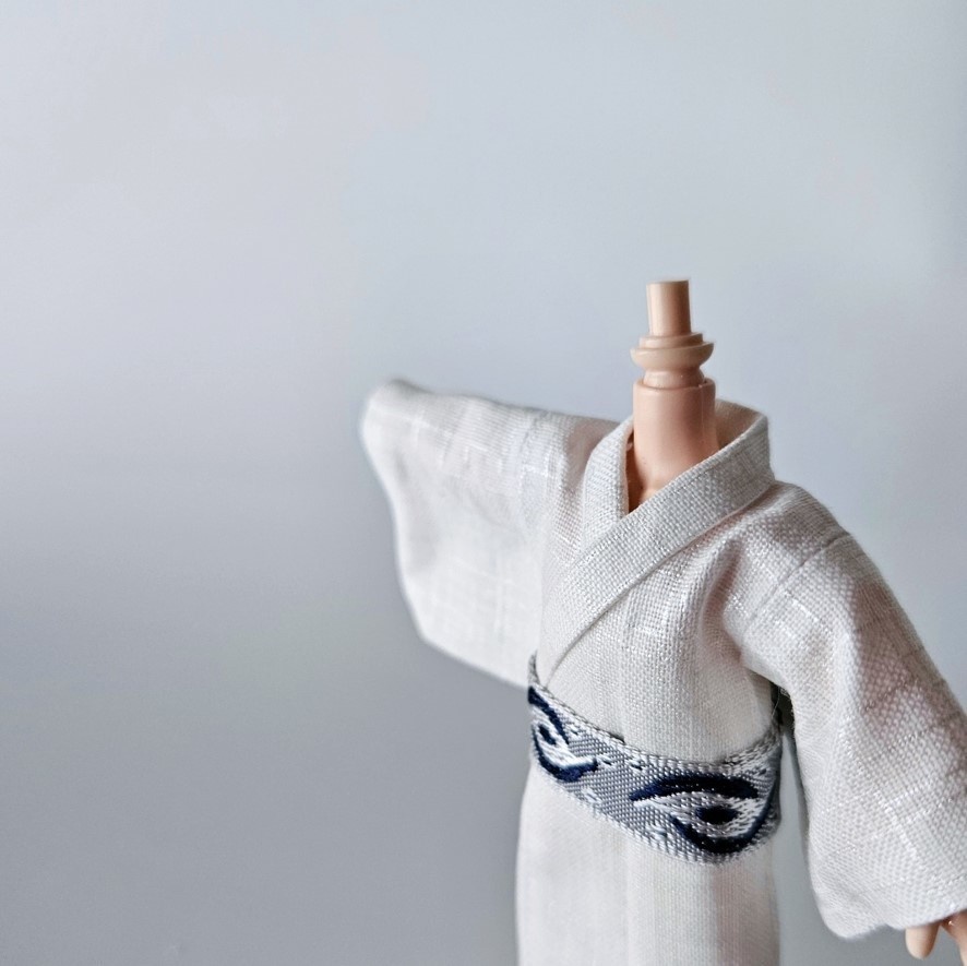 オビツ11着用可👘パールの白い浴衣🌼第3弾『格子』×龍眼/鹿の子の帯