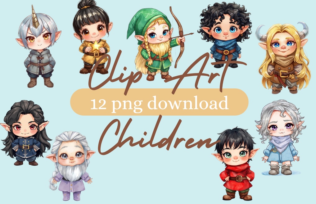 Clip Art Children – 星座の小人シリーズ12セット（水彩画風クリップアート PNG）
