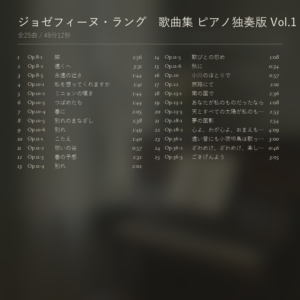 忘れられた歌 Vol.1 / ジョゼフィーヌ・ラング 歌曲集 ピアノ独奏版
