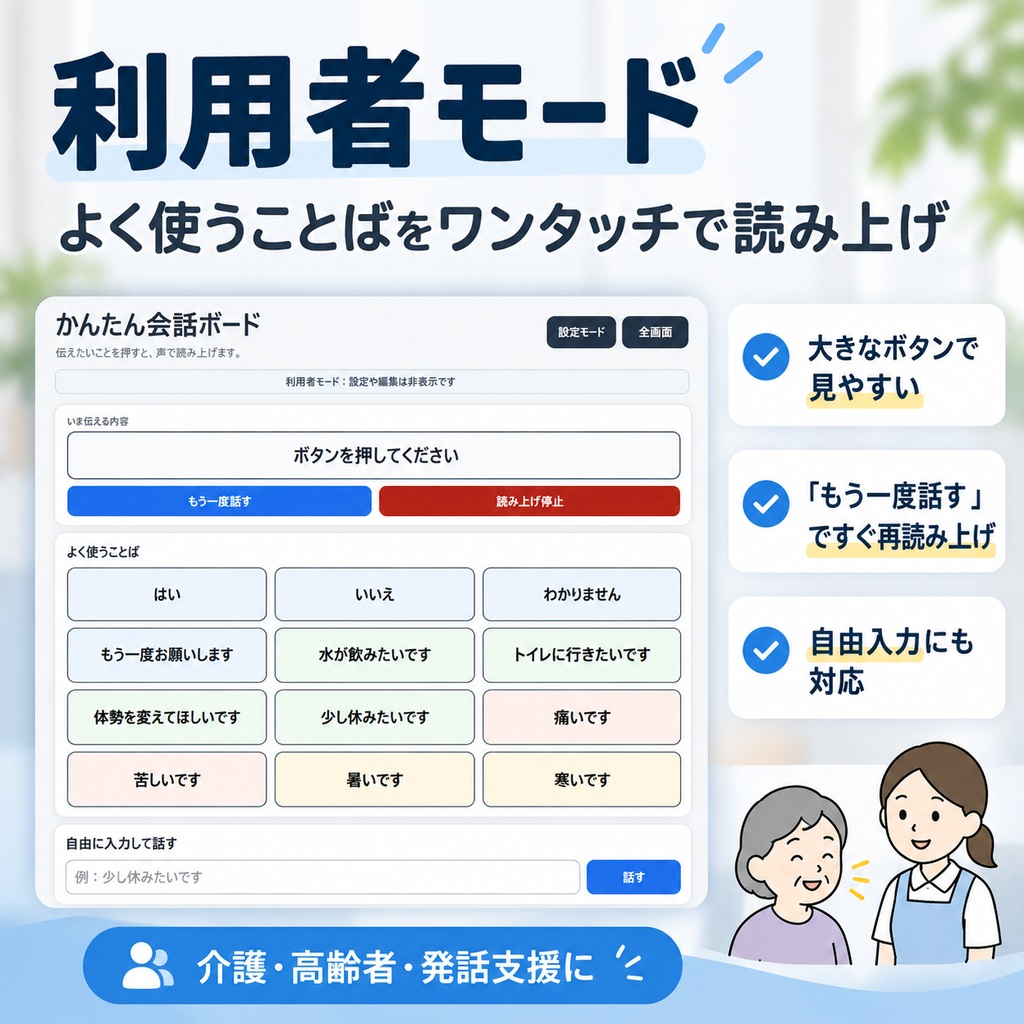 かんたん会話ボード|大きなボタンで伝える音声コミュニケーション支援ツール