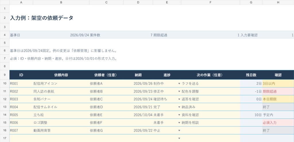 【Excel】個人クリエイターの依頼・納期管理テンプレート|200件・入力例付き