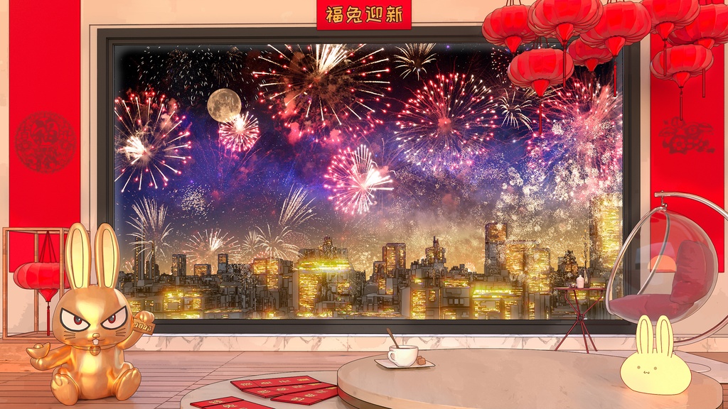 動く配信背景-「都市夢幻」花火の後ろ