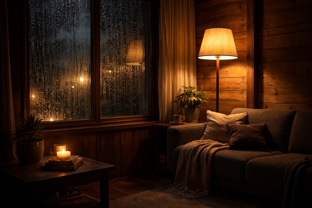 作業用BGM向け｜雰囲気 背景画像3枚セット｜夜・リビング（16:9）