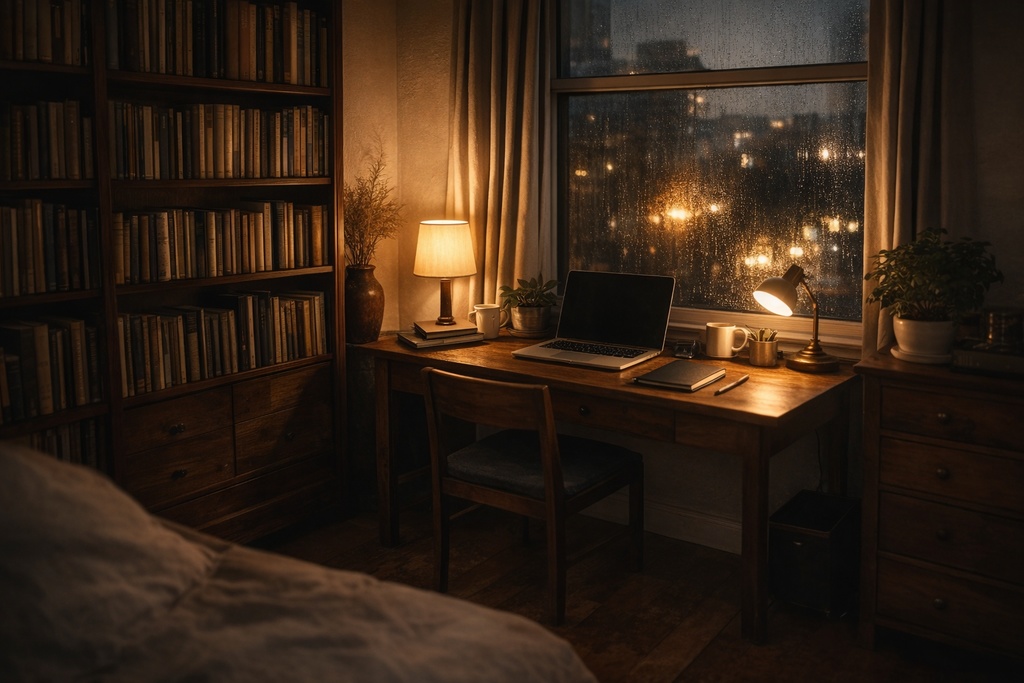 作業用BGM向け｜雰囲気 背景画像5枚セット｜夜・雨・部屋（16:9）