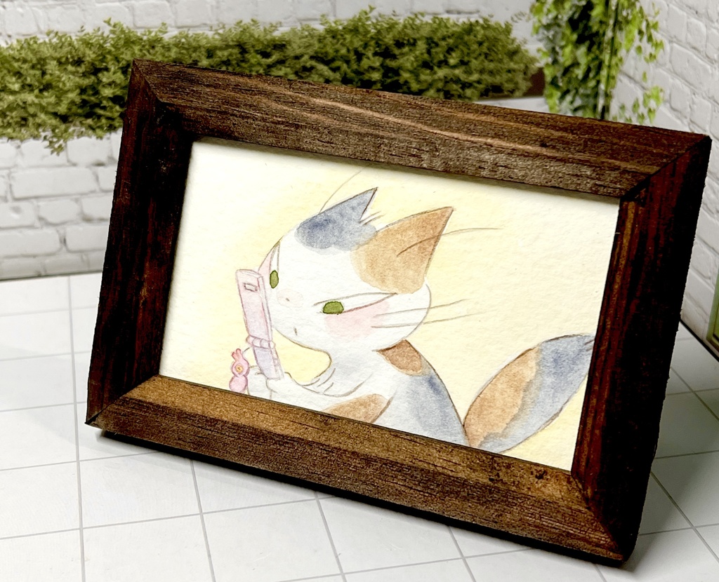 透明水彩原画「返信まだかな」フレーム付き