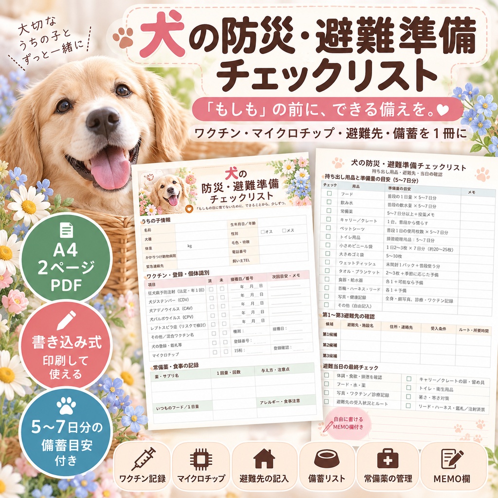犬の防災・避難準備チェックリスト|ワクチン・マイクロチップ・避難先まで記録できるPDF