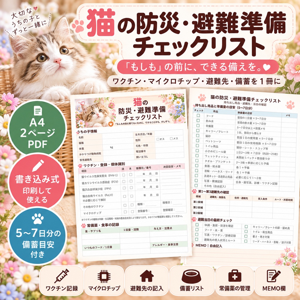 猫の防災・避難準備チェックリスト｜ワクチン・マイクロチップ・避難先まで記録できるPDF