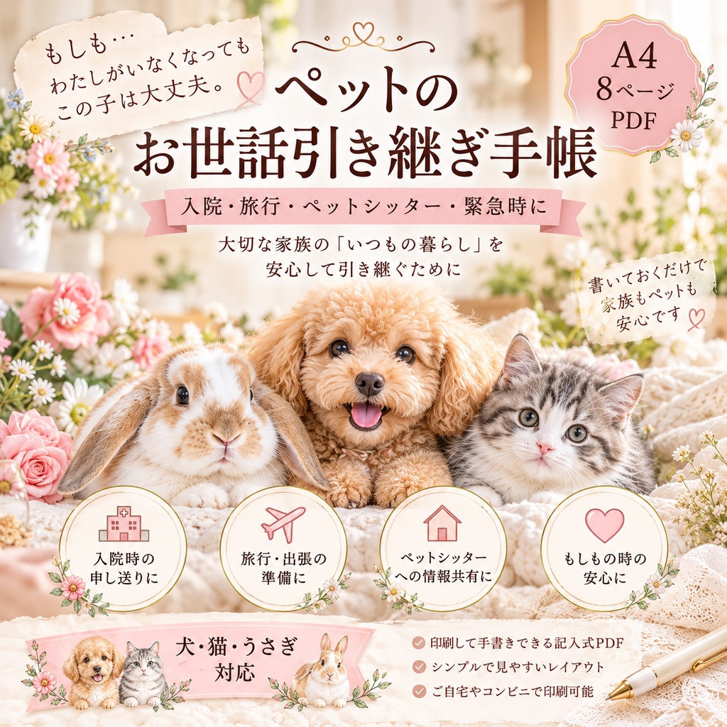 【犬・猫・うさぎ対応】ペットのお世話引き継ぎ手帳