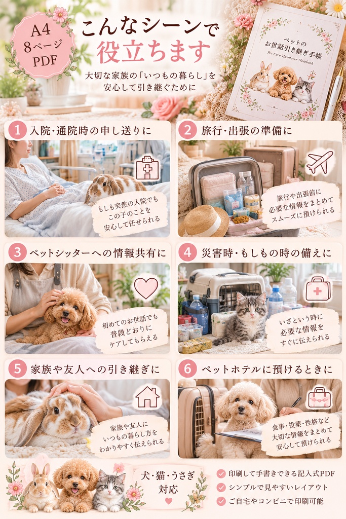 【犬・猫・うさぎ対応】ペットのお世話引き継ぎ手帳