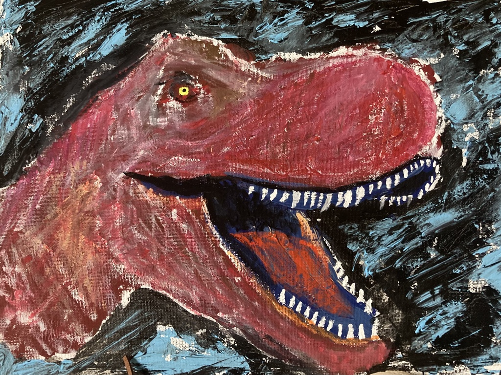 “Crimson T-Rex Face – 迫力の恐竜アート”