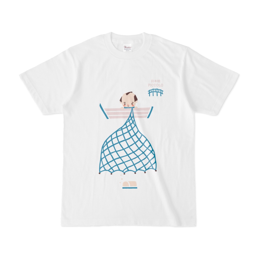 ピッコロＴシャツ「権助魚　byとつかりょうこ」水色　（白Ｔシャツ）