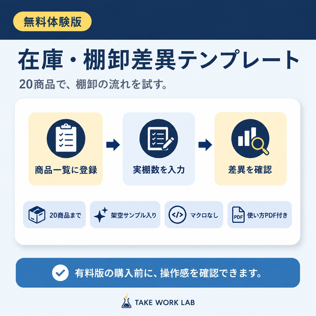 【無料】在庫・棚卸差異テンプレート|20商品・Excel体験版