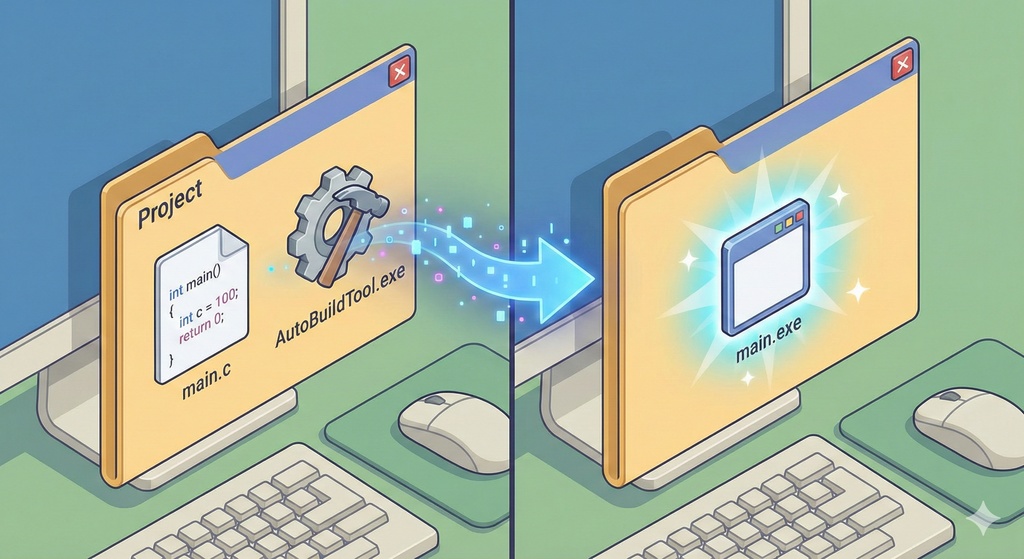 main.cとこのソフトだけでC言語のビルドが即座に終わるワンタップビルドツール