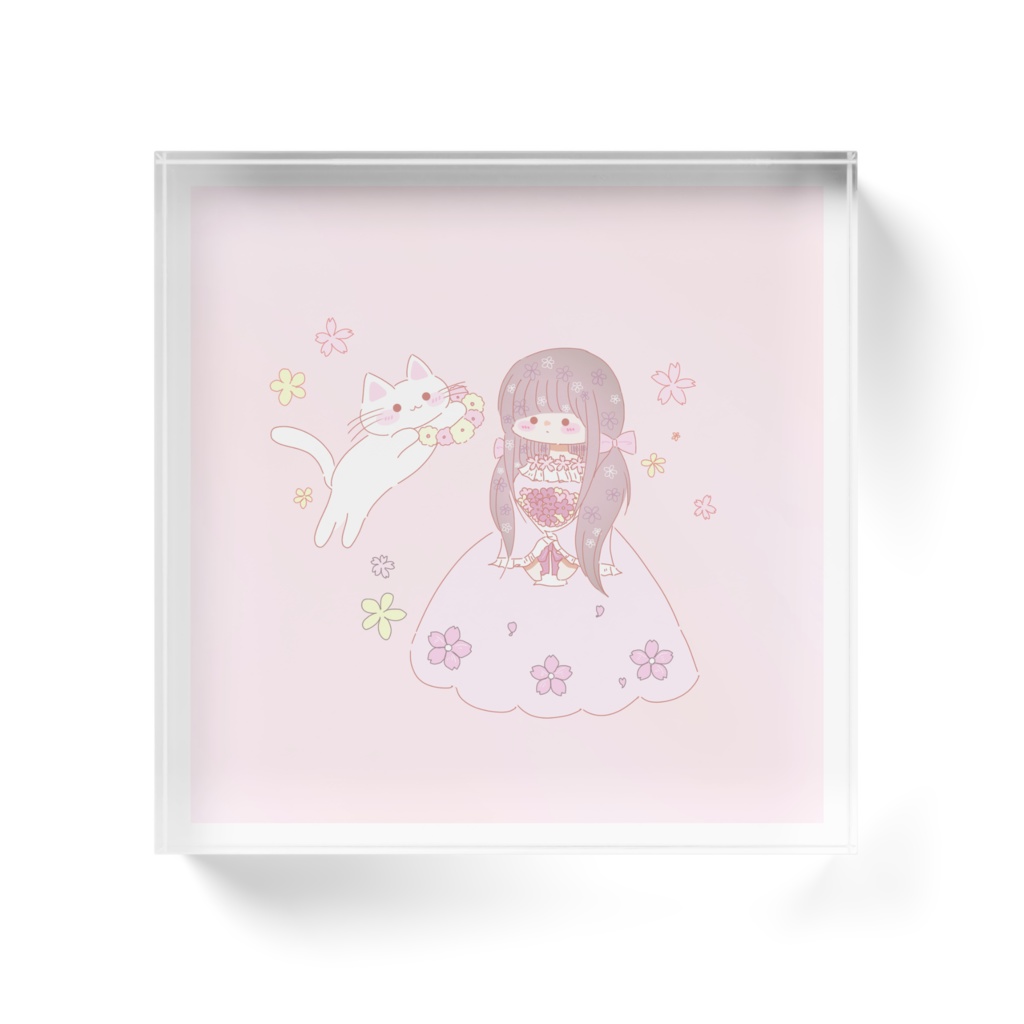 桜ドレスの女の子と猫 アクリルブロック