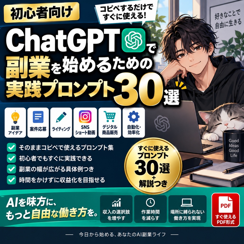 【初心者向け】ChatGPT副業 実践プロンプト30選｜案件応募・ライティング・SNS・デジタル商品に使えるコピペ集