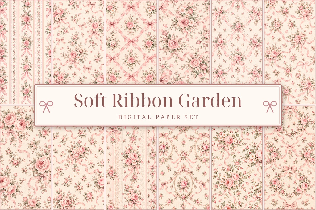 Soft Ribbon Garden｜花柄＆リボン柄 デザインペーパー12枚セット