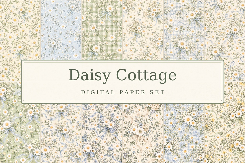 Daisy Cottage|デジタルペーパー12柄セット・A4・花柄・マーガレット・ギンガムチェック|Printable Digital Paper