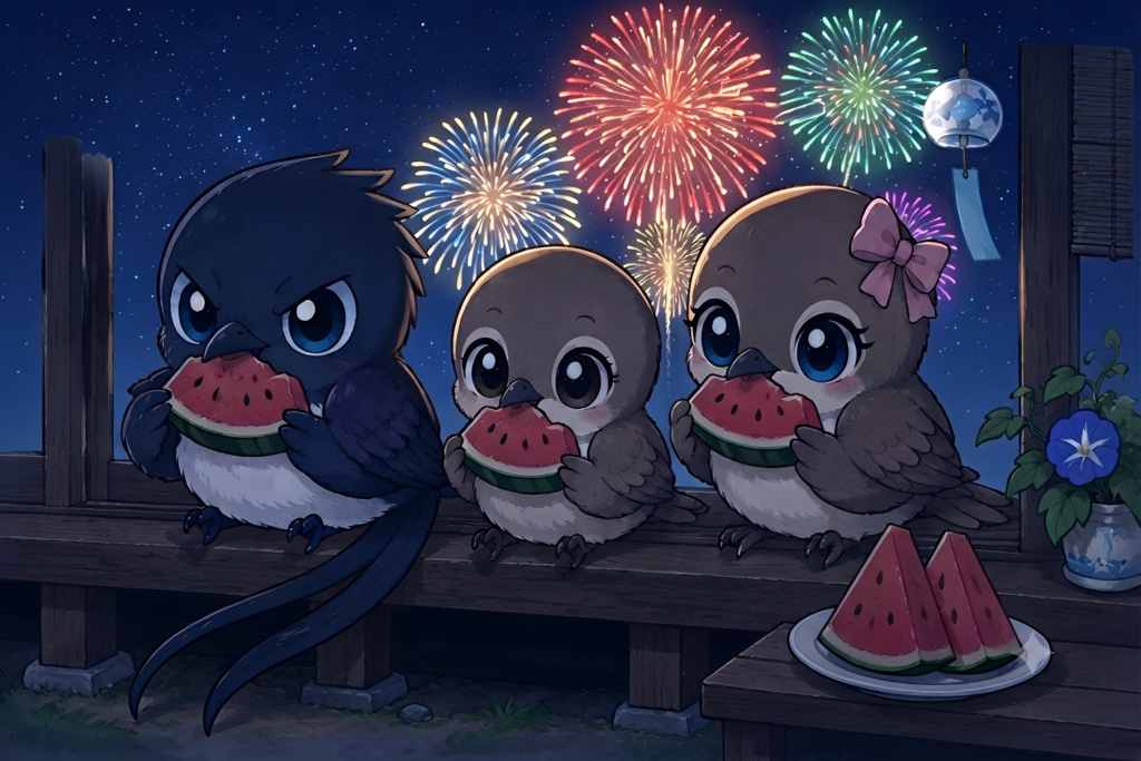 サンコウチョウ一家のある日の花火大会の夜