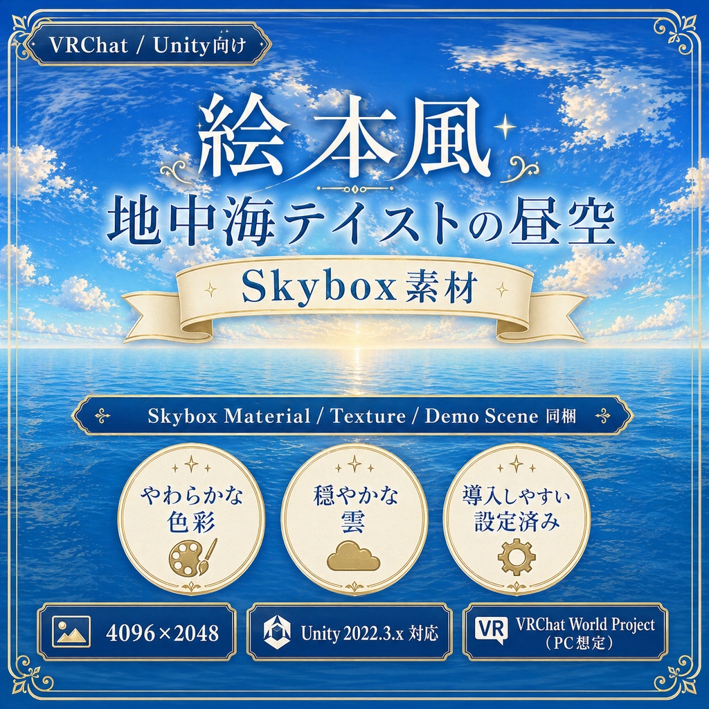 【VRChat / Unity】Skybox - Mediterranean Day【絵本風・地中海・昼空】