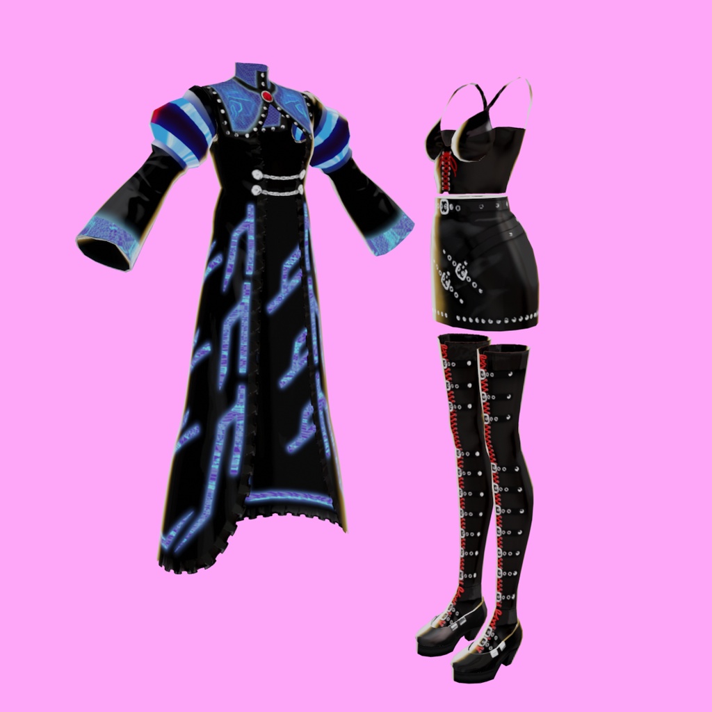 【VRoidテクスチャ素材】サイバーゴシック風コート【瑠璃】(セット物)