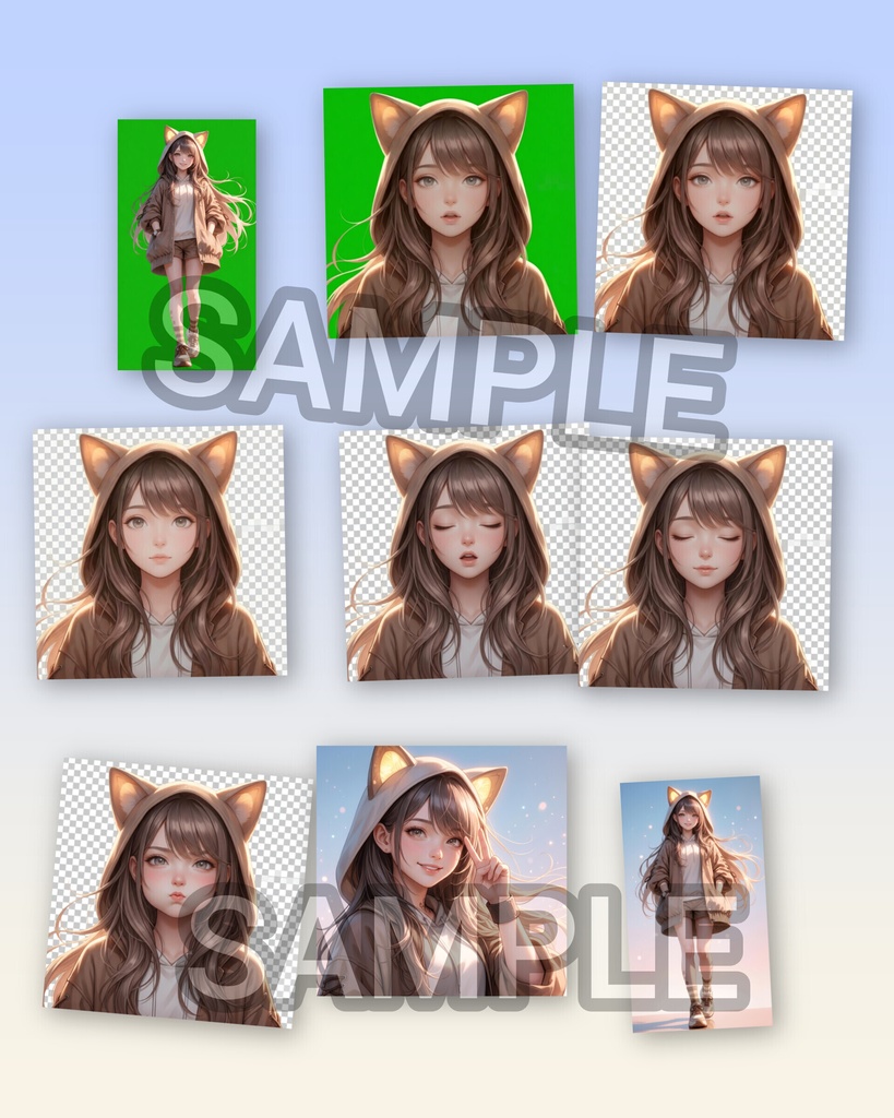 猫耳フードキャラ【Ai生成】画像21枚 10秒動画4つ【配信・SNS用素材セット】ケモ耳フードの女の子(立ち絵/アイコン/ヘッダー/アバター/10秒動画素材) 【PNGTuber・配信素材】・表情差分8種セット 【動く配信素材/グリーンバック】ケモ耳フードの女の子 アニメーション動画セット(MP4)