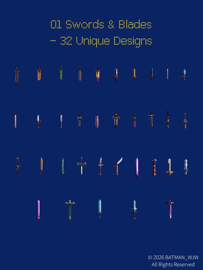 【120+高品質】ファンタジー武器・防具 32-bit ピクセルアート素材集 Vol.1