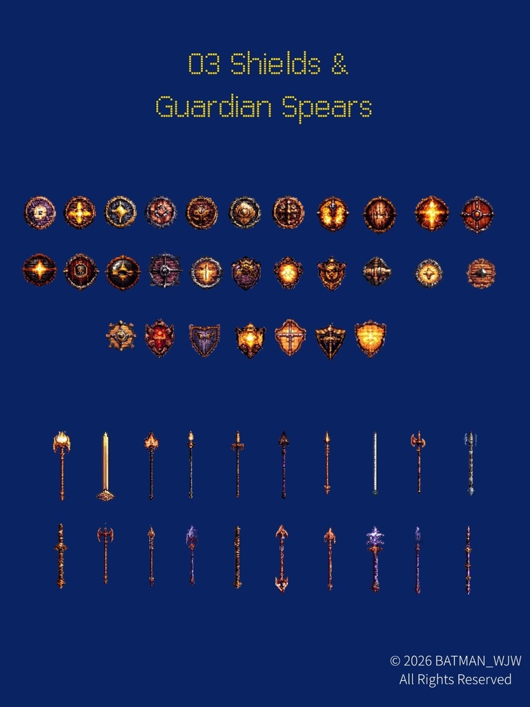 【120+高品質】ファンタジー武器・防具 32-bit ピクセルアート素材集 Vol.1