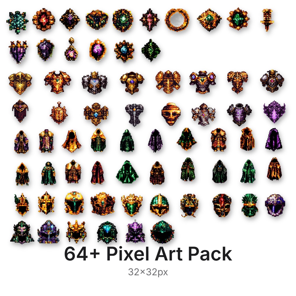 【ドット绘】RPG装备素材セット Vol.3 - 64+ Pixel Art Gear Pack (Standard RPG Size)