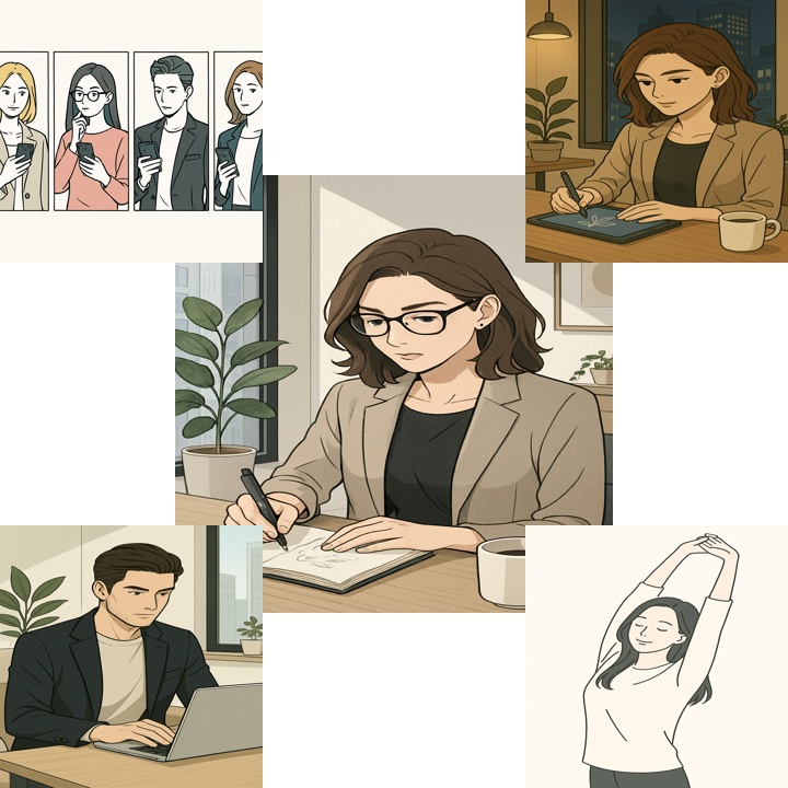 noteやブログに使える挿し絵素材｜自分らしく働く・楽しむ（5点セット）（商用可）