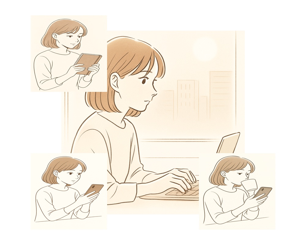 noteやブログに使える挿し絵素材|在宅ワーク・リモート作業女性(4点セット)(商用可)