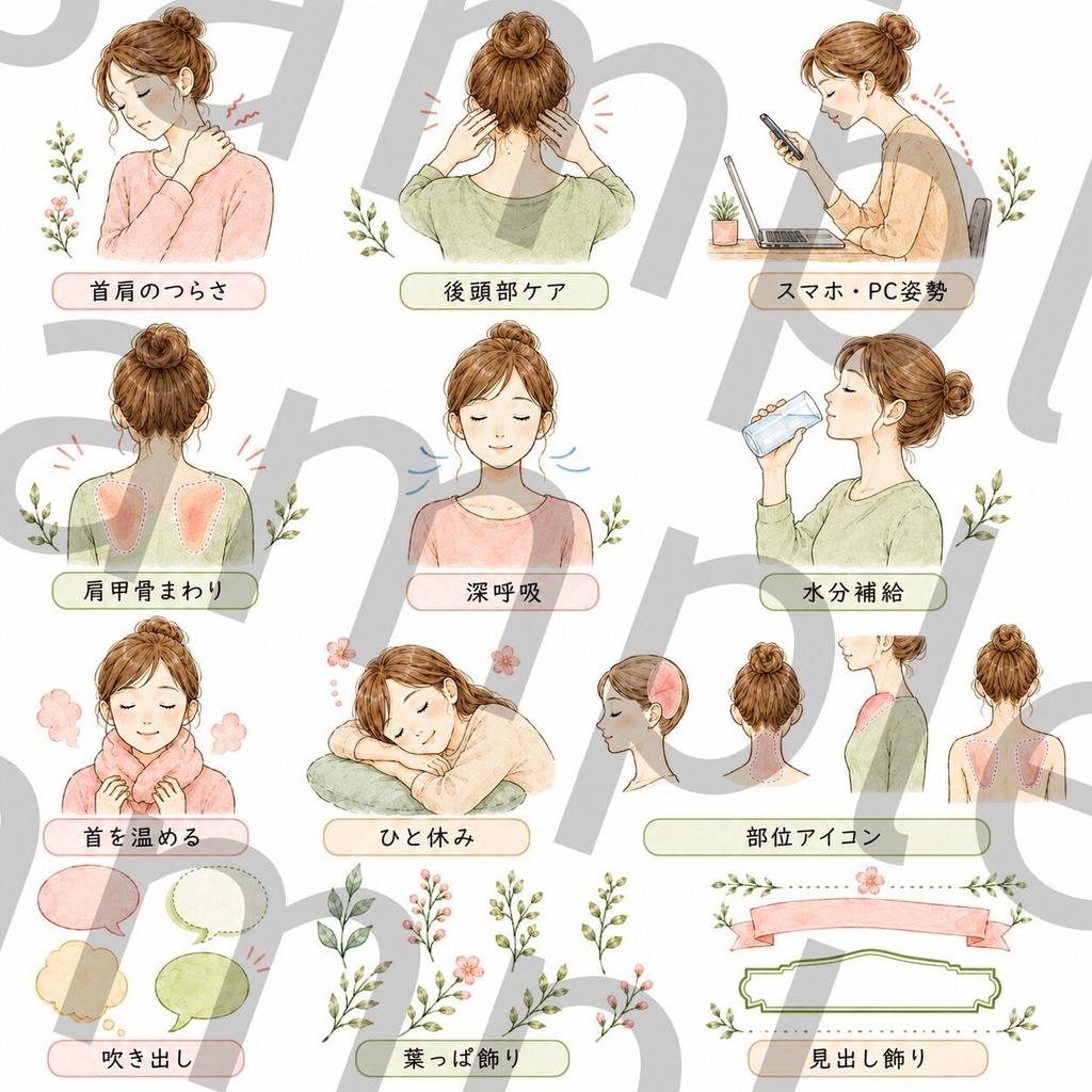 セラピスト向け|サロンのお便り・店内POPに使える首肩ケア透過イラスト素材24点セット