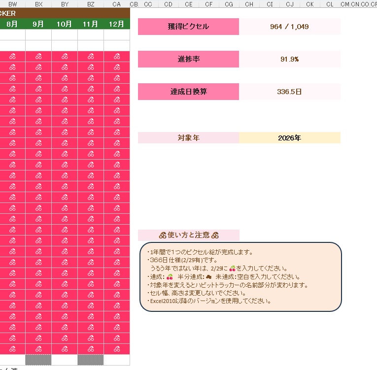 【Excel】ドット絵チェリーのハビットトラッカー|自動集計で毎日楽しく続く習慣管理シート