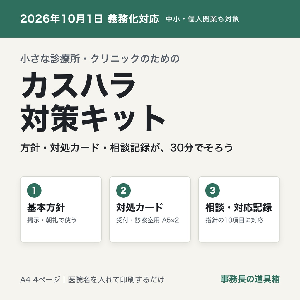 小さな診療所・クリニックのための カスハラ対策キット|方針・対処カード・相談記録の3点セット(2026年10月義務化対応)