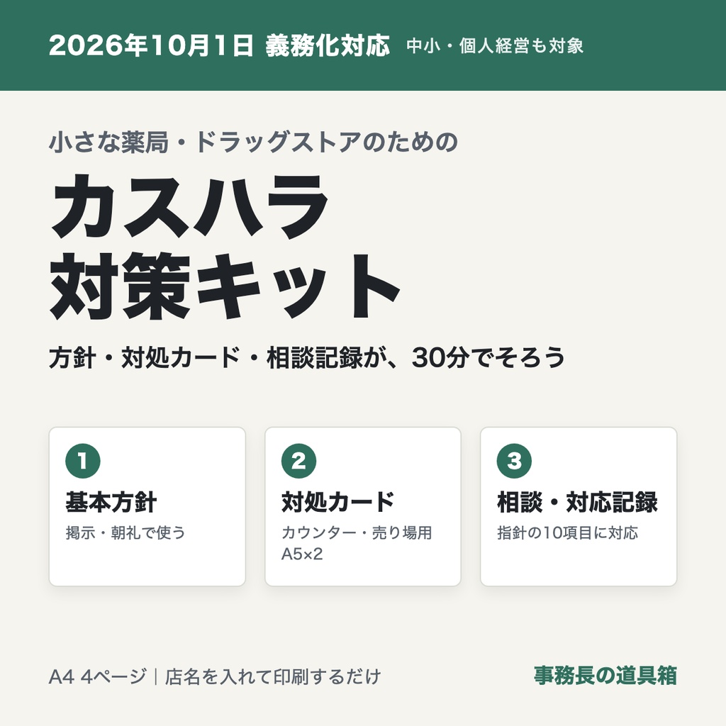 小さな薬局・ドラッグストアのための カスハラ対策キット｜方針・対処カード・相談記録の3点セット（2026年10月義務化対応）