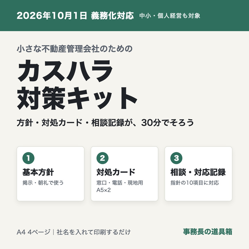 小さな不動産管理会社のための カスハラ対策キット|方針・対処カード・相談記録の3点セット(2026年10月義務化対応)