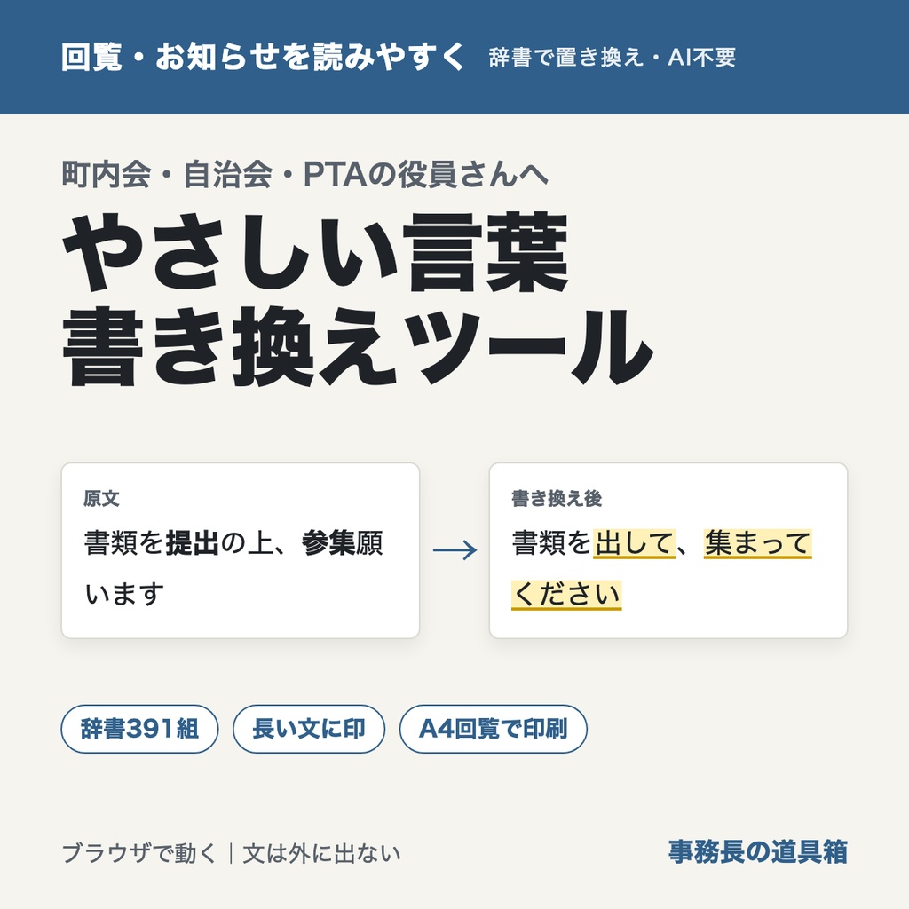回覧・お知らせの「役所の言葉」をふだんの言葉に｜やさしい言葉 書き換えツール（辞書391組・AI不要・A4印刷）