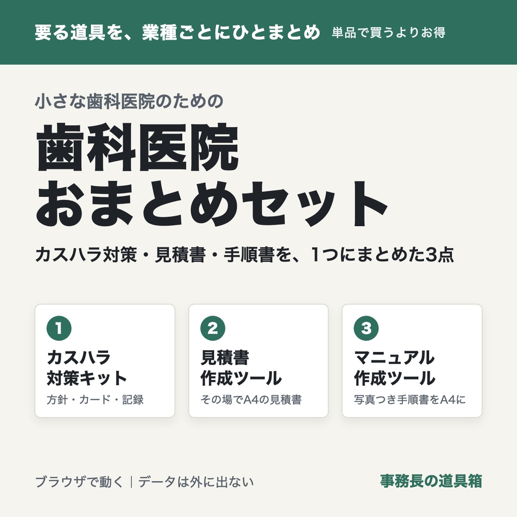 小さな歯科医院のための おまとめセット|カスハラ対策キット+自費見積書ツール+院内マニュアル作成ツール(3点)