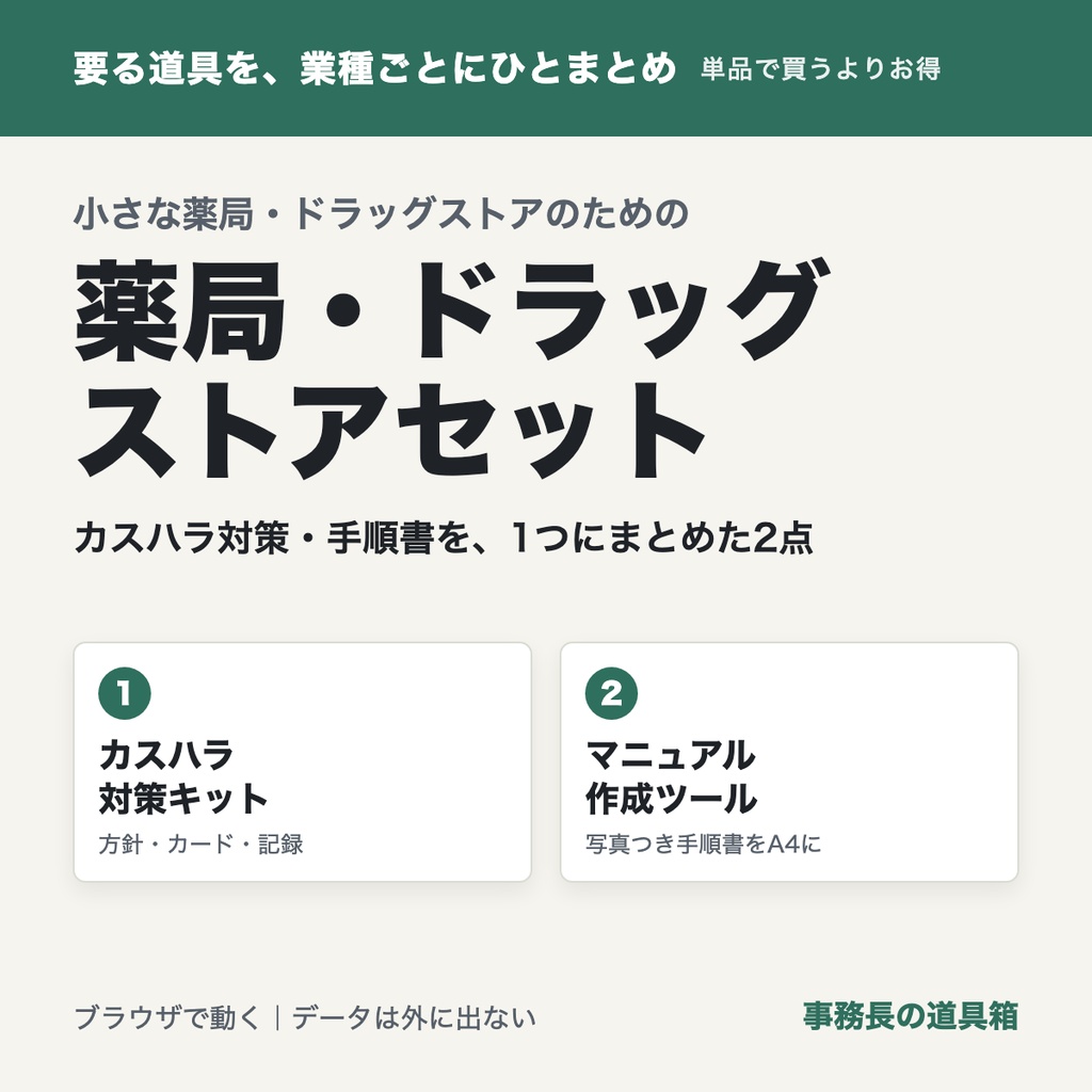 小さな薬局・ドラッグストアのための おまとめセット|カスハラ対策キット+売り場マニュアル作成ツール(2点)