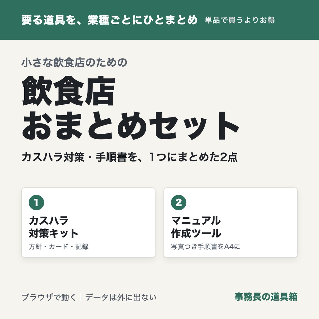 小さな飲食店のための おまとめセット|カスハラ対策キット+店舗マニュアル作成ツール(2点)