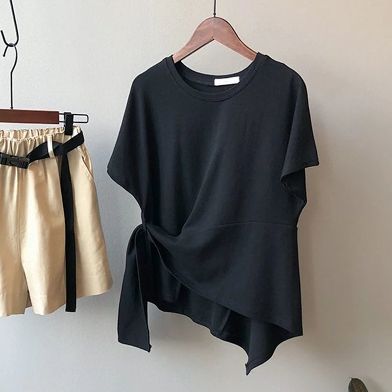 個性的なデザイン 無地非対称ルーズTシャツ